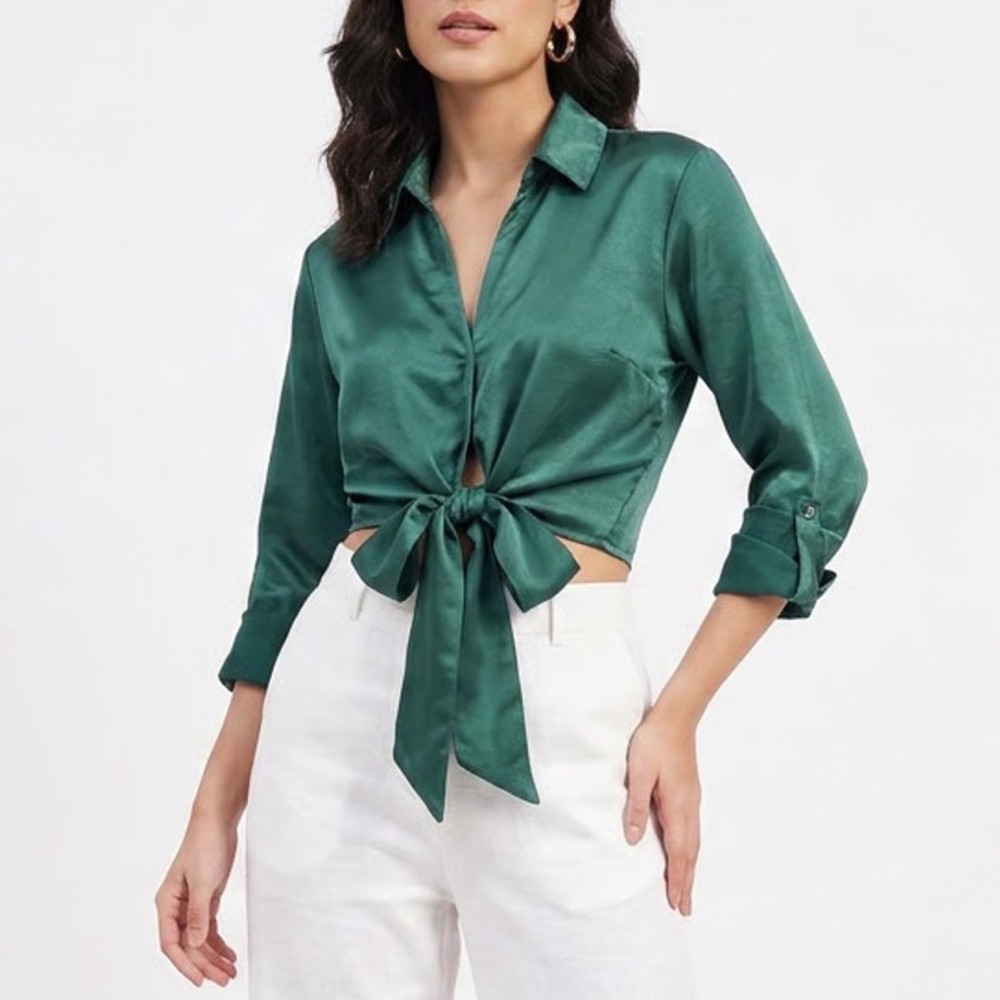 Aakaa Womens Emerald Green Satin Tie Front Cropped Blouse Top Large
